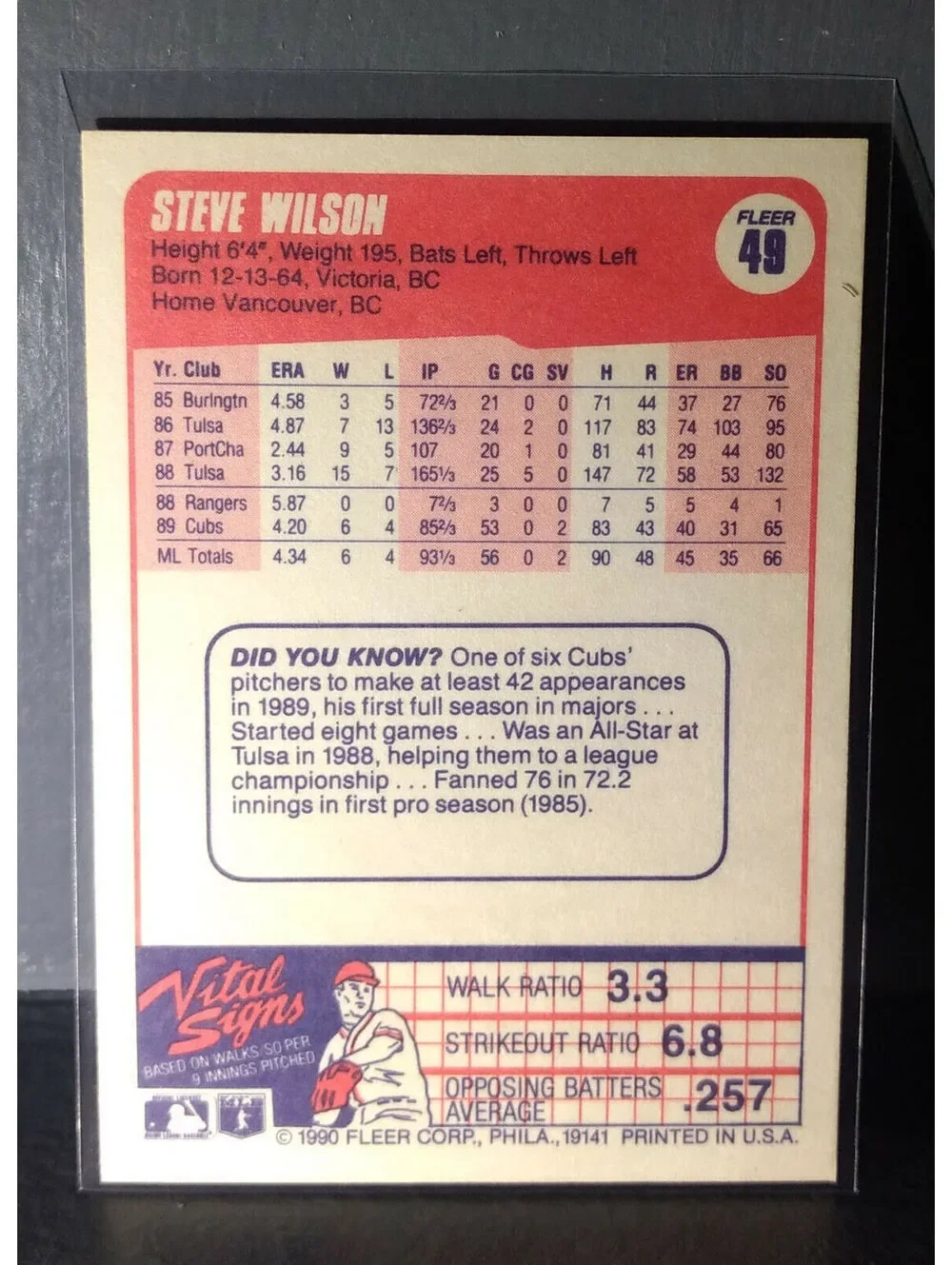 1990 Steve Wilson Fleer Baseball Card #49